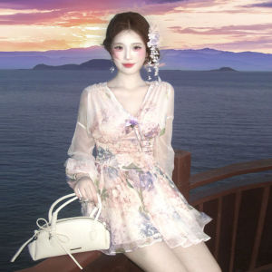 French Gentle Style V-neck Floral Print Tea Break Dress Summer Popular New Style Soft Fabric Long Sleeve Womens Dress