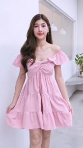 DR53 ชุดมินิเดรสสั้น คอวี แขนกุดระบายไหล่ ไขว้หน้า เปิดไหล่ได้น่ารัก ทรงปล่อยๆบานๆ ใส่สบาย ลุคสไตล์คุณหนู