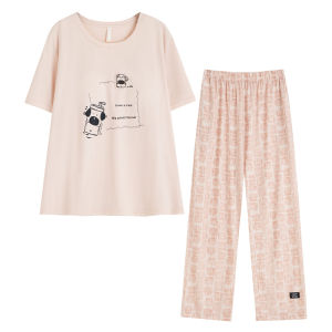 MiiOW | ชุดนอนผ้าไหมลินินหลวมๆ แขนสั้นสำหรับคู่รักในฤดูร้อน ชุดนอนผ้าฝ้ายผสมไนลอนสำหรับผู้หญิง ชุดนอนสบายๆ ลายการ์ตูน