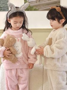 Childrens Coral Fleece Pajamas Autumn Winter Style Home Clothes Boys Girls Baby Warm Soft Long Sleeve Zipper Closure Outfit
