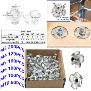 60/100/120PCS Galvanized Four-Winged Nut T-Nut Wood Insert Nut Furniture Nut Claw M3-M10 Aircraft Box