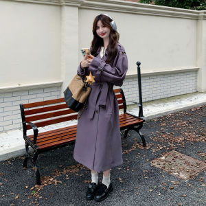 Elegant Purple Long Fashionable Womens Windbreaker Coat Korean Style Autumn New Arrival Casual Comfortable Polyester Fiber