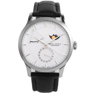 Seagull Mens Mechanical Watch Blue Sapphire Waterproof Automatic Calendar Moon Phase Display Leather Strap Stainless Steel Case
