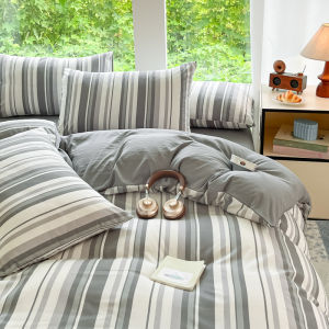 ผ้าคลุมเตียงแบบแถบสีทูโทน 3 ชิ้น (ผ้าคลุมเตียง 1 ชิ้น + ปลอกหมอน 2 ชิ้น ไม่มีไส้ใน) ผ้าปูที่นอนนุ่ม สบาย และระบายอากาศได้ดี