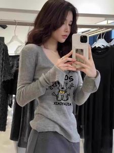 Gray Knitted Sweater Womens Slim Fit Long Sleeve Low Collar T-Shirt Inner Wear Fashionable Autumn Winter New Arrival Korean Style