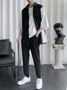 Hong Kong Style Trendy Summer Mens Ice Silk Suit K-style Easiest for Match Boys Loose Handsome Wear Matching Color Matching Shirt Set