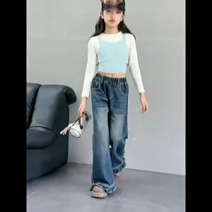 Retro Ruffles Jeans For Kids Girl 7-15 Yrs Flared Pants For Kids Girl Baggy Pants For Kids Girl Washed Denim Pants For Kids Girl OOTD For Kids Girl