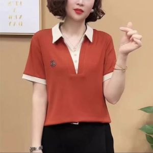 HUAXUNRAN | Stylish Polo Collar Loose Fit Versatile Womens Short Sleeve T-shirt