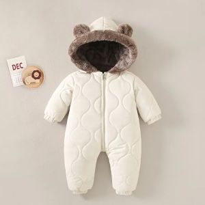 0-3 years baby onesies autumn and winter fleece warm cotton clothes newborn clothes Baby solid color hooded crawling suit Baby