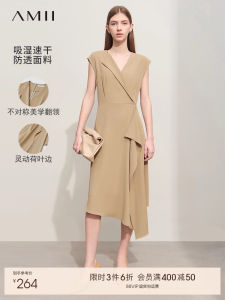 Elegant Asymmetric V-neck Slimming Black Dress Mid-waist A-line Skirt Commute Style Polyester Fiber Summer New Arrival