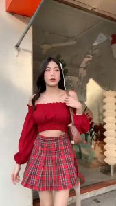 💰Mahahengcloset💰 กระโปรงสั้น กระโปรงสีแดง  ❤️ กระโปรงสก็อตหน้าเรียบหลังสม็อค ไม่มีซับใน ทรงสวย #กระโปรง #💰Mahahengcloset💰