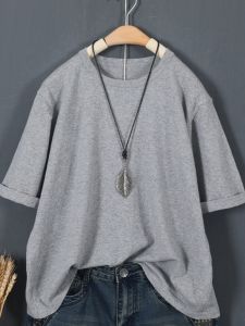Summer New Style Womens Pure Cotton Short Sleeve Knitted Shirt Vintage Worn-out Loose Casual Artistic Soft Overhead Top