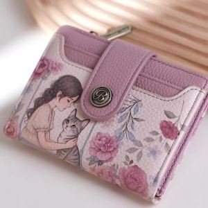 Baellerry | 1Pc Cute Floral Girl Cat Print Womens Short Wallet Lightweight Pu Bifold Wallet Multi-Card Slots Id Photo Window Zipper Coin Purse Gift for Girls