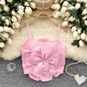 Summer Floral 3D Printed Strap Vest Womens Fashionable Slim Fit Backless Crop Top Outerwear Style Commute Pure Desirable