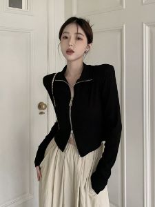 Áo Len Dệt Kim Cỡ Lớn Có Khóa Kéo Tay Dài Cổ Bẻ Kiểu Mỹ Gợi Cảm Thời Trang Thu Đông Cho Nữ