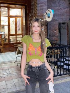 Áo Thun Ngắn Tay Không Đều In Hình Mỹ Dành Cho Nữ Slim Fit Phong Cách Mát Mẻ Với Các Khối Màu Và In Hình Động Vật Thích Hợp Cho Mùa Hè