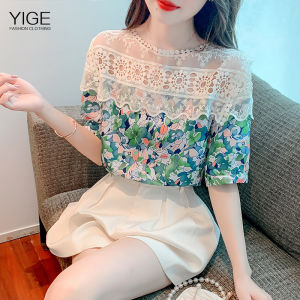YIGE Fashion Cutout Lace Shirt: 2023 Summer New Korean Sweet Fragmented Blouse & Loose Premium Chiffon Top