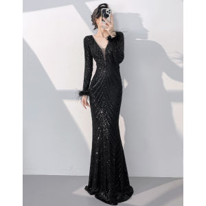 New Autumn/Winter Long Sleeve Ostrich Feather Evening Dress