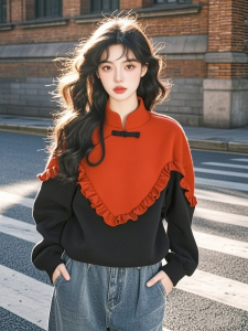 New Year Red Color Block Chinese Style Womens Sweatshirt Fashionable Korean Lazy Style Top Spring 2025 Long Sleeve Hoodie