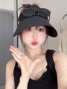 Matte Black Glue Wide Brim Sun Hat Womens Summer Korean Style Sun Protection Hat Casual Letter Pattern Cotton Straw Hat