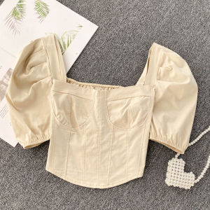 Mùa Hè Năm 2022 Nhẹ Nhàng Phong Cách Pháp Áo Sơ Mi Vuông Ngắn Tay Cổ Áo Thời Trang Thiết Kế Nhẹ Trưởng Thành Áo Chui Đầu Quần Áo Bảo Hộ Lao Động Màu Trơn Vải Xếp