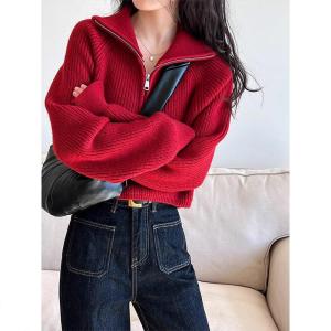 Red Knitted Sweater Zipper Loose Fit Thickened Half High Collar Short Style Autumn New Design Womens Fashion Casual Top