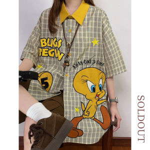 เสื้อเชิ้ตแขนสั้นผู้หญิงฤดูร้อนสไตล์ย้อนยุค สไตล์อเมริกัน ลายการ์ตูน ปักลาย ทรงหลวม เสื้อผ้าทำงาน คอโปโล ปกติ