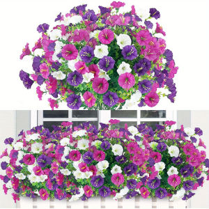 4Bundles Artificial Flowers Fake Silk Morning Glory Flower Eucalyptus Plants UV Resistant Garden Summer House Outdoor Decoration