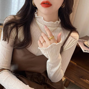 Plus Size Bottoming Shirt Chiffon Shirt Womens Half Turtleneck Mesh Western Style Inner Wear Lace Shirt Velvet Hoodie Plus Size Ladies Spring & Fall Winter