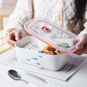Cartoon Ceramic Microwave Safe Lunch Box Partitioned Bowl with Lid for Packing Food Nordic Style Single Layer Insulated Container