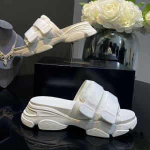 Knitted Embroidered Wooden Bottom Slippers Womens Summer Outdoor Thick Bottom Beach Lazy One-Step Sandals round Toe Slip-On