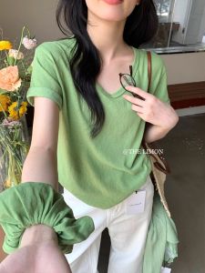 Áo Thun Nữ Tay Ngắn Cổ Tròn Dáng Rộng Mùa Hè Phong Cách Hàn Quốc Màu Xanh Lá Cây Dopamine Chất Liệu Polyester Thoải Mái