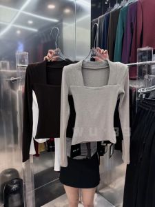 Áo Thun Len Tay Dài Mùa Đông Phong Cách Hàn Quốc Cổ Vuông Ôm Vừa Vặn Lót Đệm Màu Trơn Thường Ngày Cho Nữ