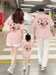 Summer Pink Short Sleeve T-Shirt Family Matching Clothes Mother And Daughter Childrens Wear Cotton Commute Style Kids Clothes