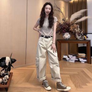 XUECAIQI | Spring and Summer Set Outfit for Work Simple Khaki Tee and Cargo Wide Pants Set