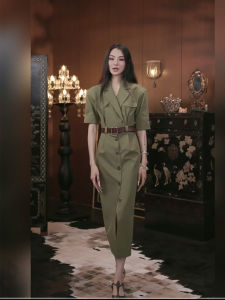 Vintage Aesthetic One-button Short Sleeve Mid-length Workwear Dress