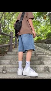 Denim shorts men and women loose wide-leg blue shorts summer elastic waist casual bottoms quality