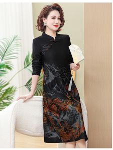 Váy Dài Tay Rộng Rãi Phong Cách Mới Cho Phụ Nữ Trung Niên Và Cao Tuổi Mùa Xuân Thu Đông Váy Dài Chữ a Thêu Họa Tiết Hoa