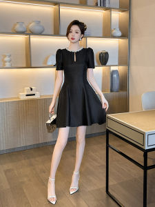 Hebe Style Black A-Line Dress Womens Summer High-End Diamond Collar Waist-Cinching Slimming Gown Luxury Minimalist