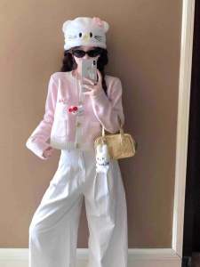 Áo Len Cardigan Dệt Kim Ngắn Màu Hồng Ngọt Ngào Có Nơ Bướm Thiết Kế Ngọt Ngào Cho Nữ Mùa Thu Năm 2024 Áo Khoác Ngoài Thường Ngày