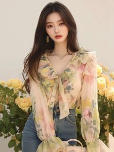 Elegant V-Neck Printed Shirt Womens Early Autumn Fashion Bellflower Hemline Fairy-Like Style Korean Straight Cut Long Sleeve