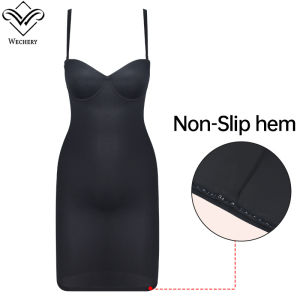 Women Spaghetti Strap Dress Slimming Full Length Shapewear Slips Anti-slip hem Push Up Skinny Bodycon With Underwire Cup Black