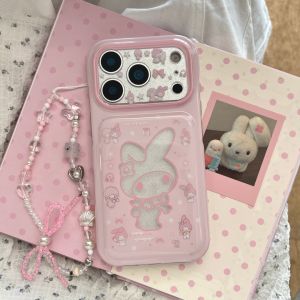 Sanrio | Cute Cartoon Glitter Powder Hollowed-Out Line My Melody Phone Case For iphone 17 16 15 Pro Max Lens Protective Cover With Chain