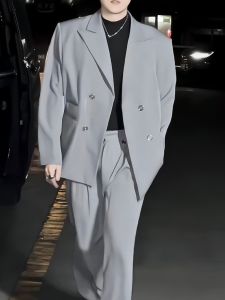 Casual High-End Mens Two-Piece Suit Set with Double Row Buttons Loose Wide Leg Pants Korean Style Polyester Fiber Spring Autumn