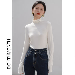 Eighthmonth Womens High Collar Long Sleeve Base Shirt Slim Fit Versatile Top Winter Commute Simple Pattern T-Shirt