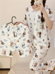 Pure ผ้าฝ้าย ผู้หญิง ชุดนอน ชุด ฤดูร้อน แขนสั้น น่ารัก ลูกไม้ ตัดเสื้อผ้าบ้านสามชิ้น ฤดูใบไม้ผลิ กางเกงขายาว การ์ตูน พิมพ์
