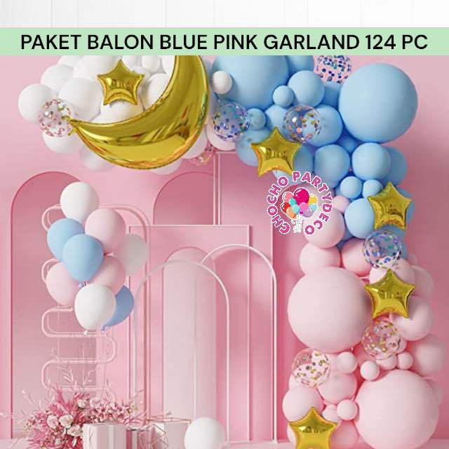 Paket Balon BLUE PINK GARLAND 124 PC / Dekorasi Ulang Tahun Baby Shower