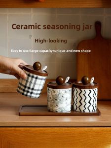 Ceramic Spice Jar Set Kitchen Home Use Salt Seasoning Oil Chili Sauce Condiment Bottle Vintage Style Cylinder Shape Non-Electric