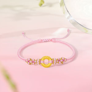 ZHOU LIU FU 周六福 24K Solid Gold Bracelet Blessing Chinese Peace Buckle Charm Simple Round Pink Braided Bracelets for Women Mom Daughter Birthday 16+6cm A1714836