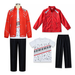 Bộ Trang Phục Cosplay Moonwalk Cho Bé Trai: Áo Khoác Đỏ In Hình Đàn Piano Áo Phông Và Quần Đen Dành Cho Biểu Diễn Sân Khấu Halloween Trang Phục Ca Sĩ Phong Cách Âu Mỹ Chất Liệu Polyester.